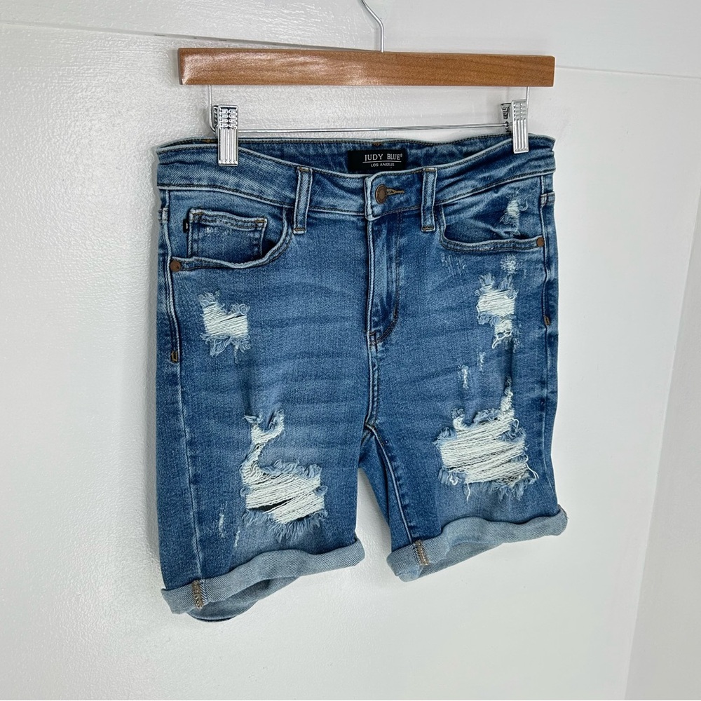 Judy Blue High‎ Waist Cuffed Denim Shorts Medium Stretch Denim Distressed 30x6 - Picture 3 of 11